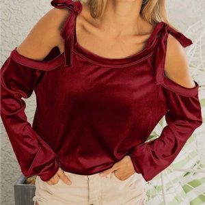 Bibi burgundy velvet cold shoulder top